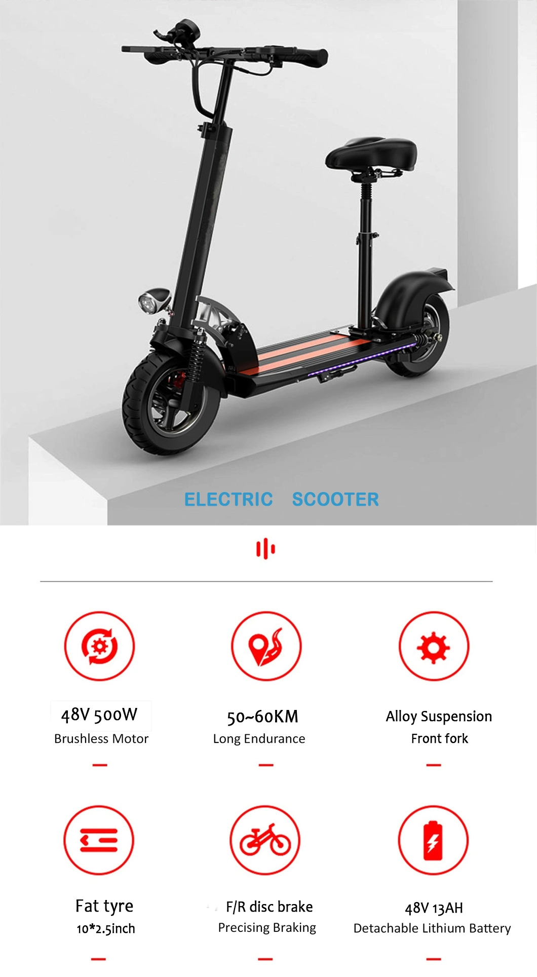 Powerful Electric Scooter for Adults Foldable 48V 2400W 20ah 10 Inch CE 48V 18.2ah 200kg Front and Rear Suspension 60-80km